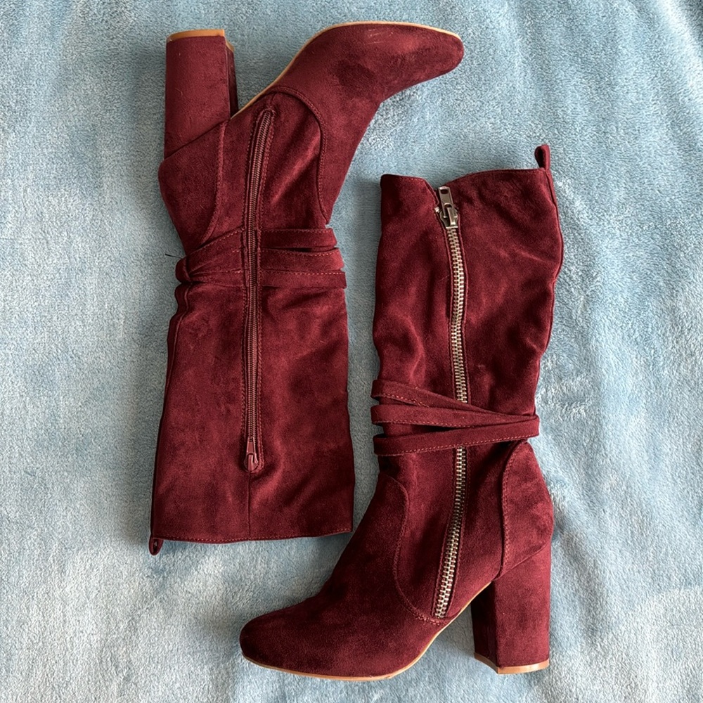 Very G Mid Calf Burgundy Suede Boots - Size 8